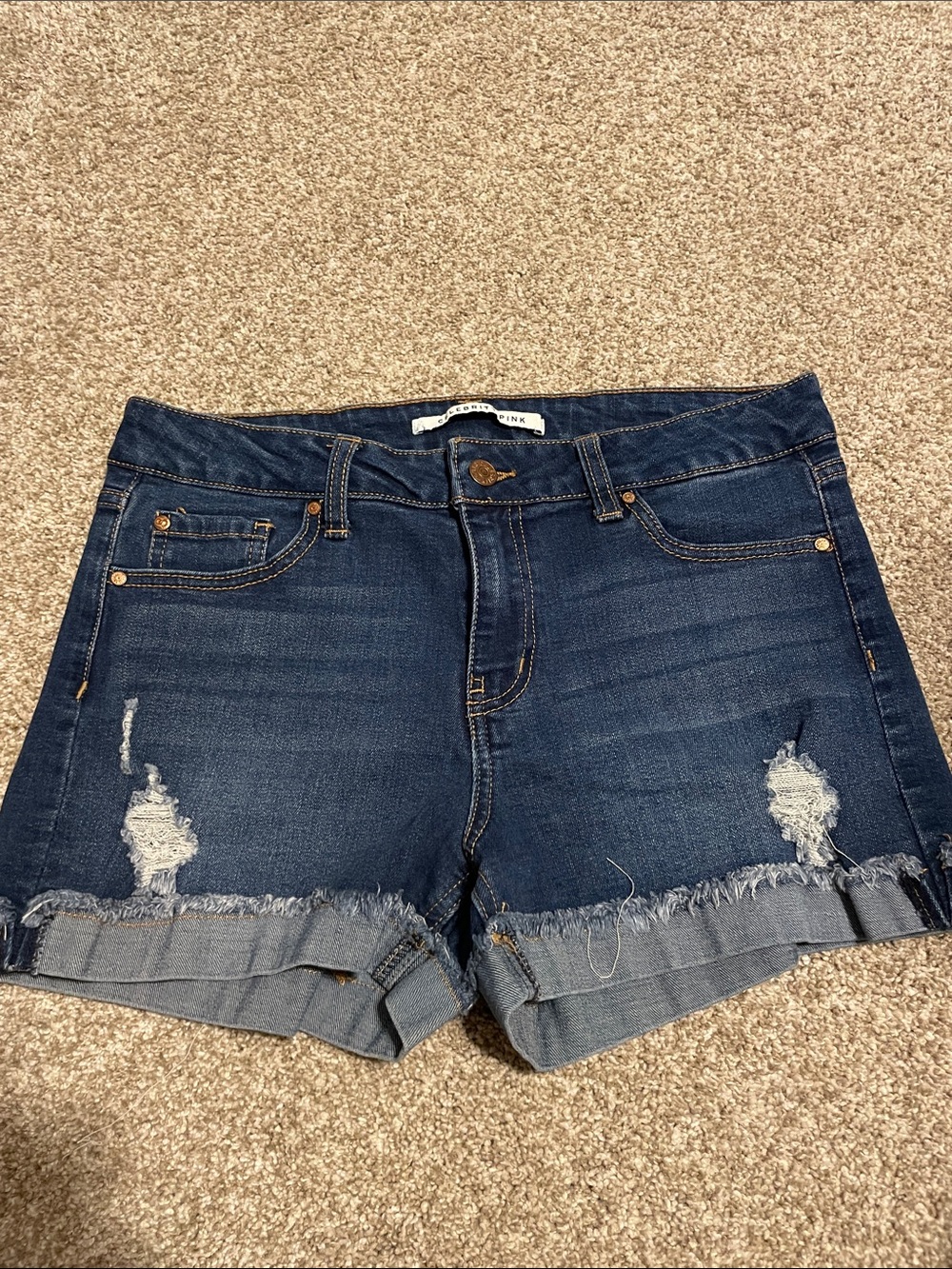 Celebrity Pink Dark Blue Distressed Denim Roll-Cuff Shorts